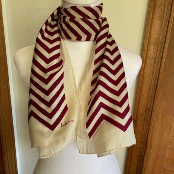 ECHO Cream Red Herringbone Oblong Vintage Scarf - Picture 8 of 12